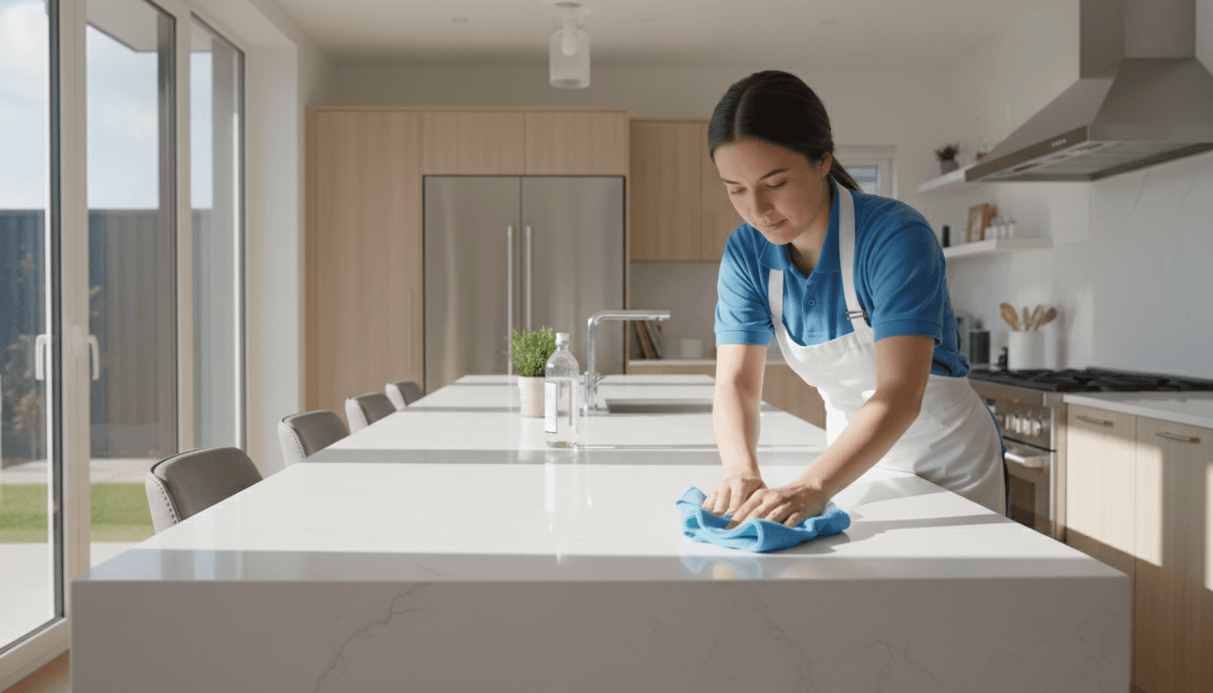 Professional cleaner wiping a kitchen counter in a sunlit modern home